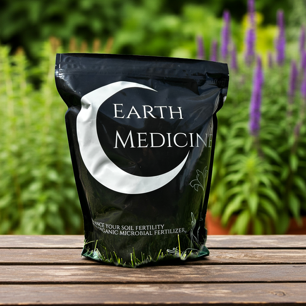 A bag of Earth Medicine in the garden on a table